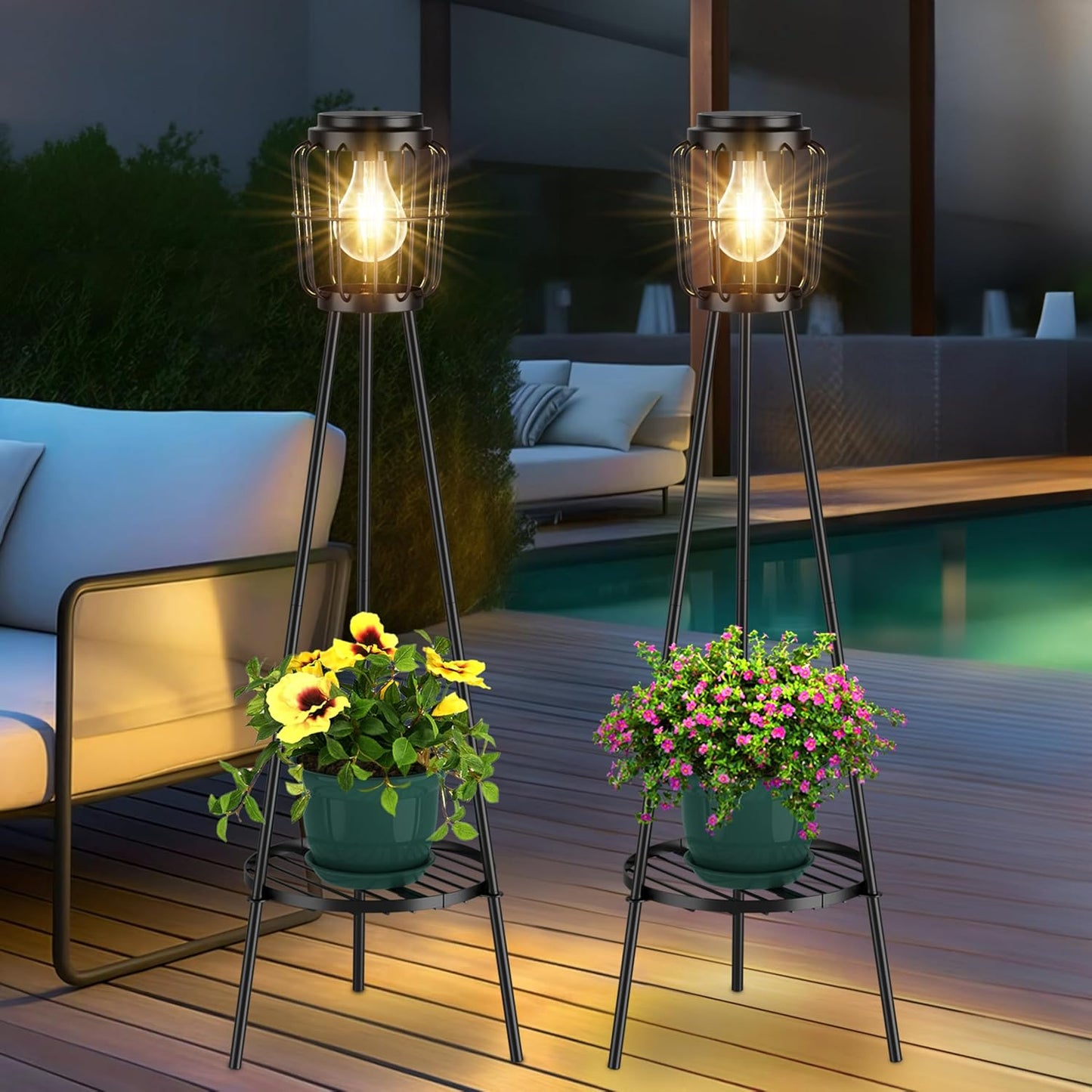 2-Pack Solar LED Floor Lamps with Plant Stand Waterproof Outdoor Solar Lights for Patio, Porch, Deck, and Garden Decor