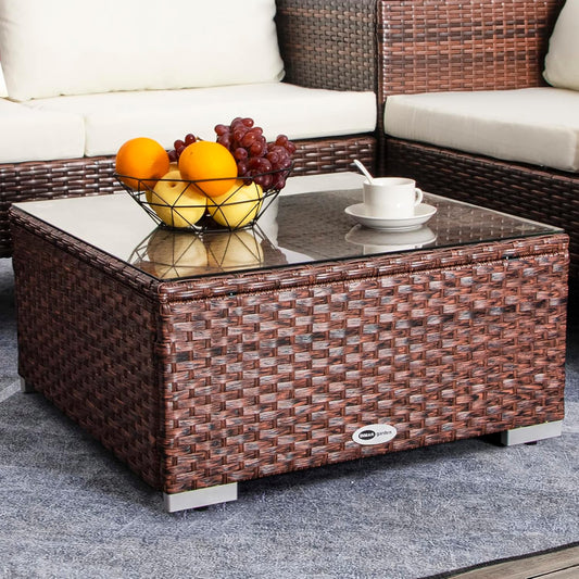 Outdoor Wicker Coffee Table with Glass Top – 25.2" Patio Side Table in Mixed Brown