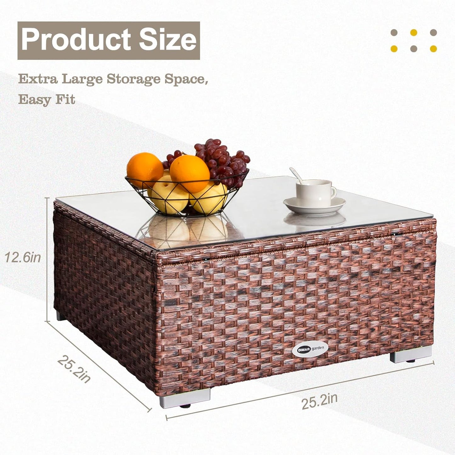 Outdoor Wicker Coffee Table with Glass Top – 25.2" Patio Side Table in Mixed Brown