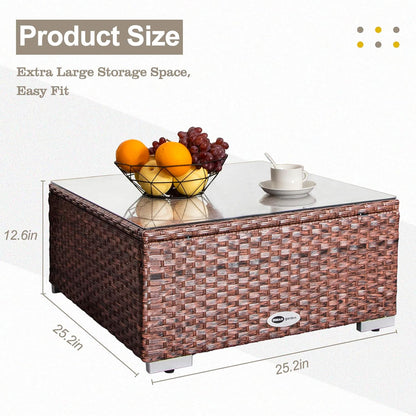 Outdoor Wicker Coffee Table with Glass Top – 25.2" Patio Side Table in Mixed Brown