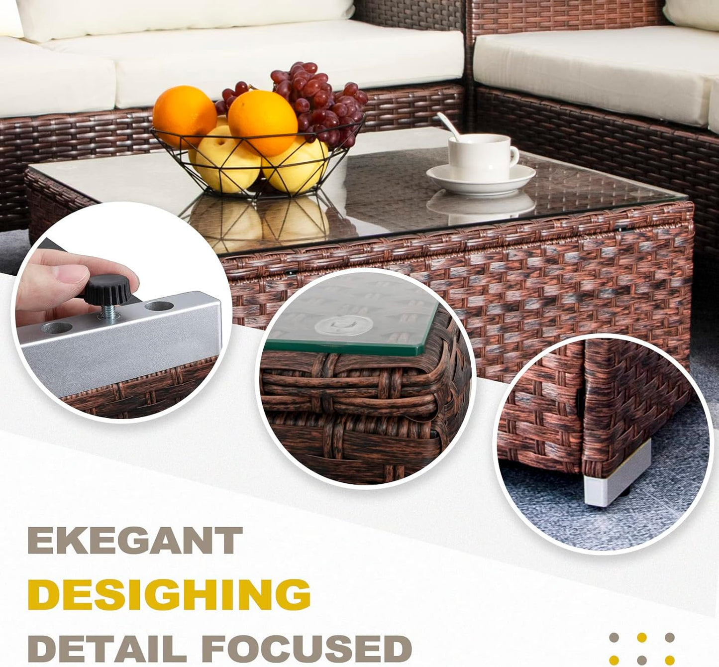 Outdoor Wicker Coffee Table with Glass Top – 25.2" Patio Side Table in Mixed Brown