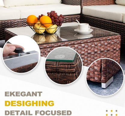 Outdoor Wicker Coffee Table with Glass Top – 25.2" Patio Side Table in Mixed Brown