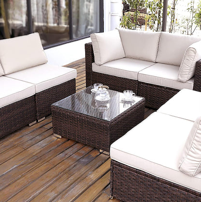 Outdoor Wicker Coffee Table with Glass Top – 25.2" Patio Side Table in Mixed Brown