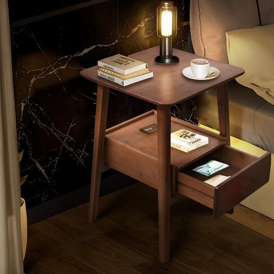 Bamboo Nightstand with USB Charging Port and Drawers – 21.9"x15.8"x14.2" Bedroom Bedside Table with Display Cabinet