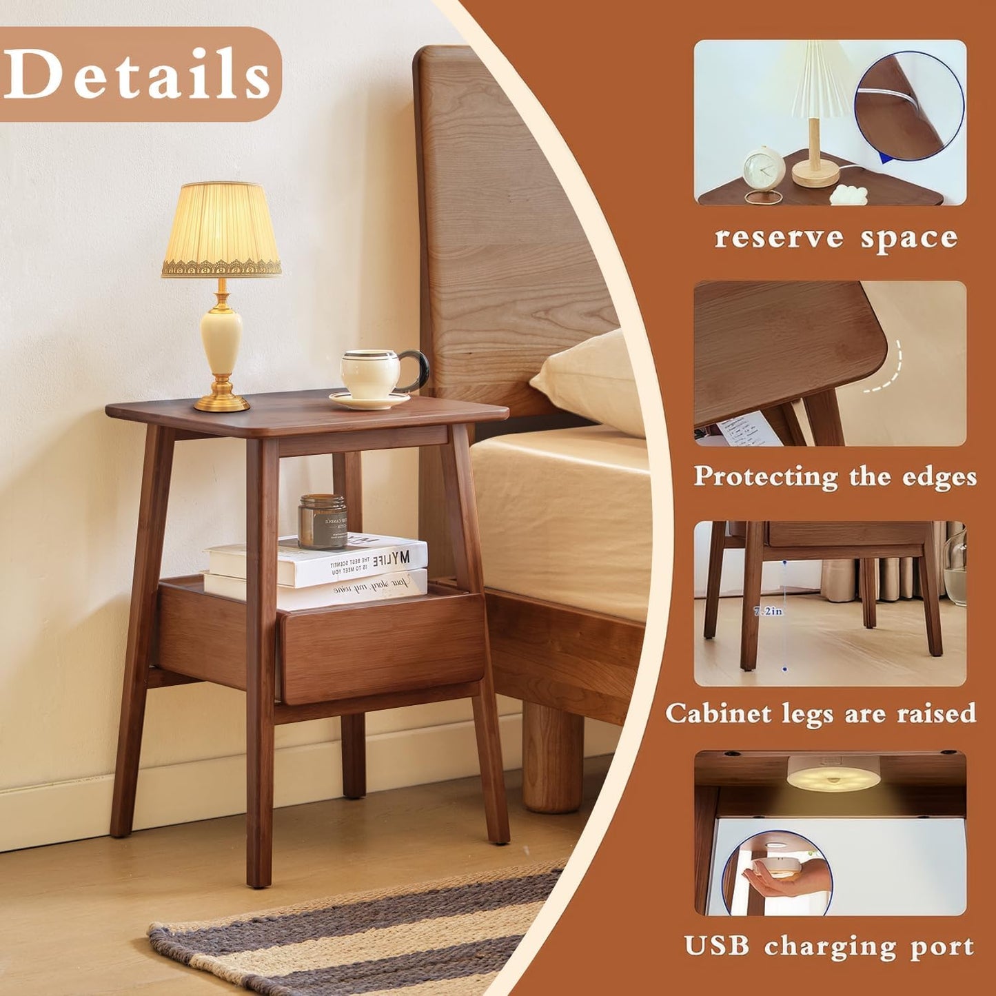 Bamboo Nightstand with USB Charging Port and Drawers – 21.9"x15.8"x14.2" Bedroom Bedside Table with Display Cabinet