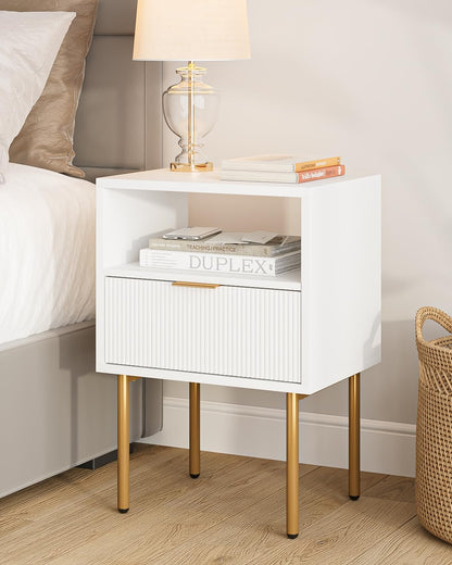 Mid-Century Modern White Bedside Table with Storage Drawer and Open Wooden Shelf