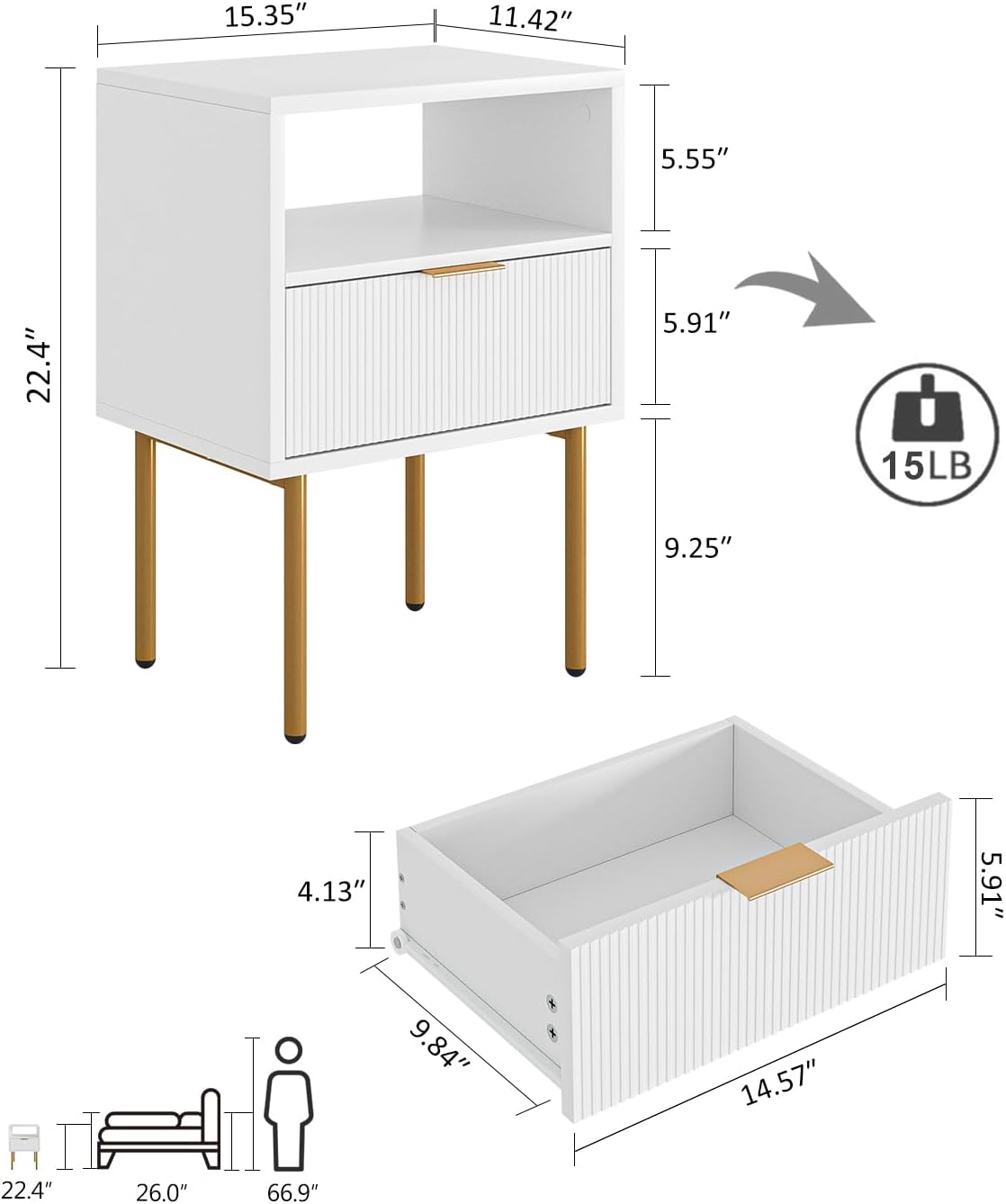 Mid-Century Modern White Bedside Table with Storage Drawer and Open Wooden Shelf