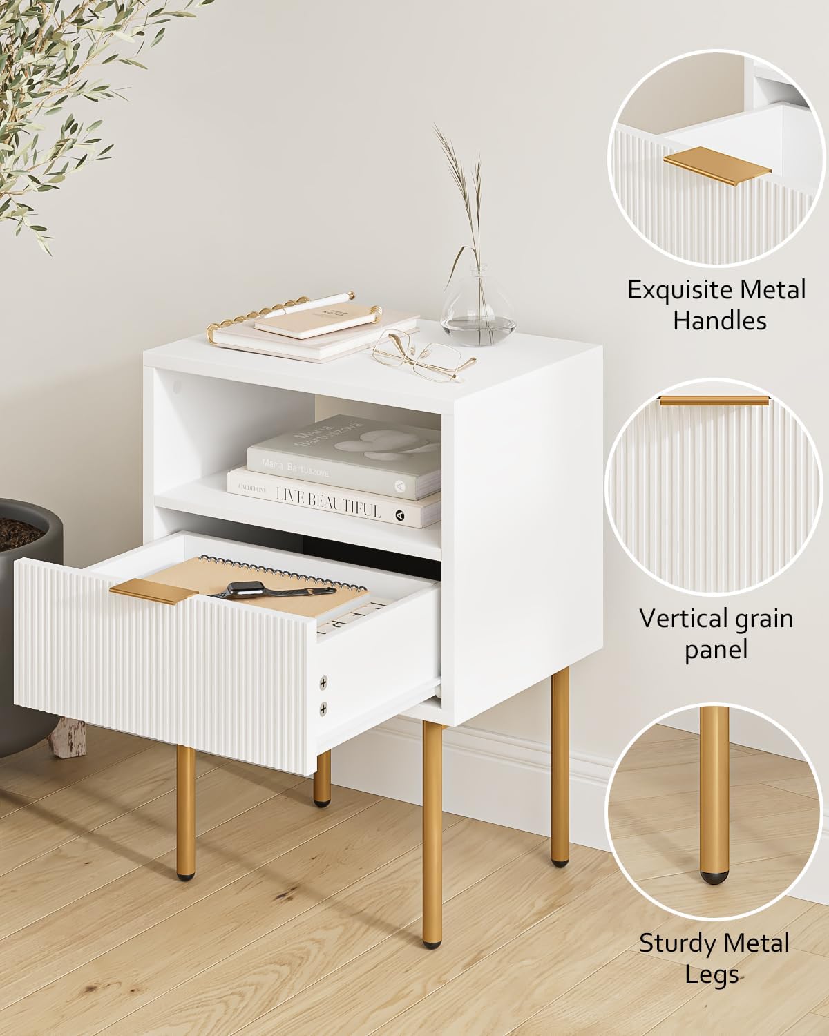 Mid-Century Modern White Bedside Table with Storage Drawer and Open Wooden Shelf