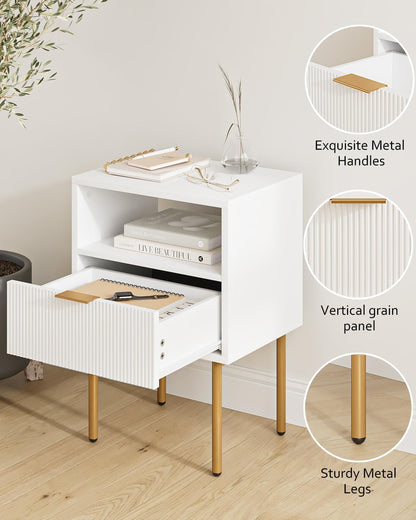 Mid-Century Modern White Bedside Table with Storage Drawer and Open Wooden Shelf